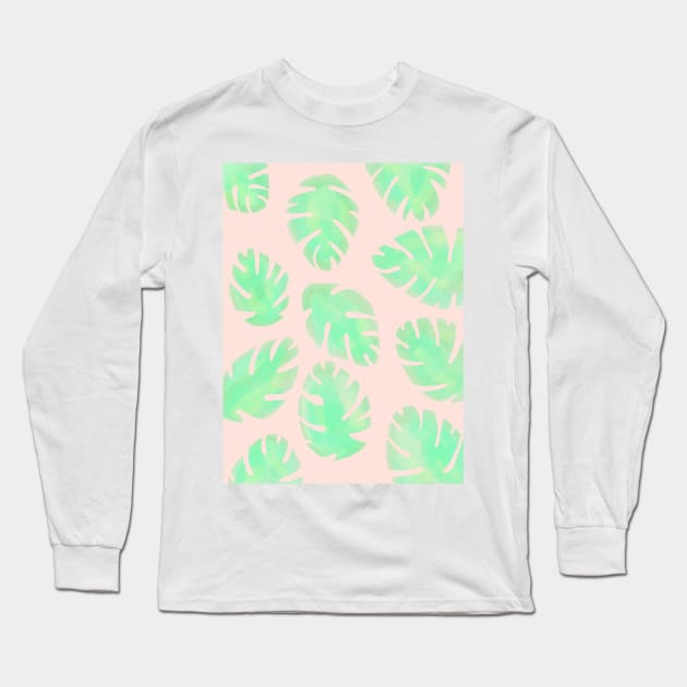 Pink and Green Monstera Leaf Long Sleeve T-Shirt by AlexandraStr